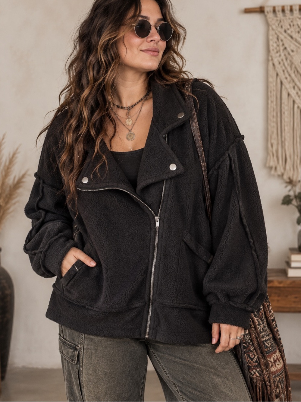 POL Boho Grunge Black Fleece Side Zip Exposed Hem Oversized Jacket Size L